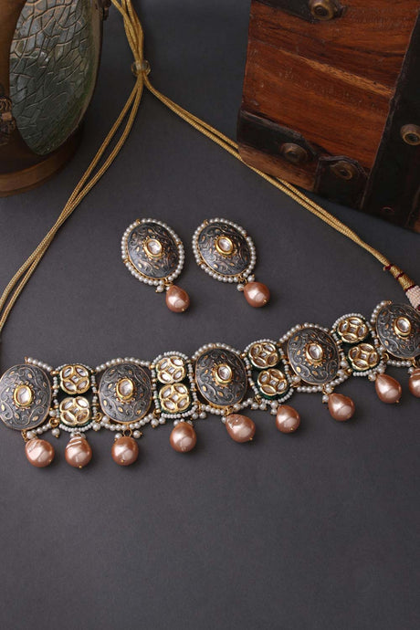 Buy Grey And Handcrafted Meenakari Kundan Studded Choker Jewellery Set Online