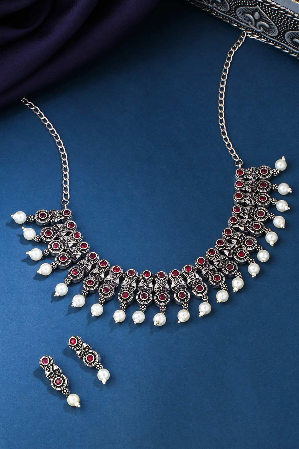 Buy Handcrafted Oxidised Pink Stone Studded Jewellery Set Online