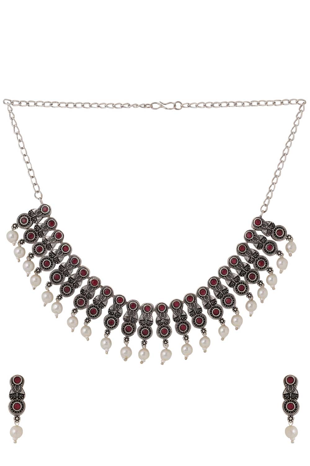 Buy Handcrafted Oxidised Pink Stone Studded Jewellery Set Online - Front