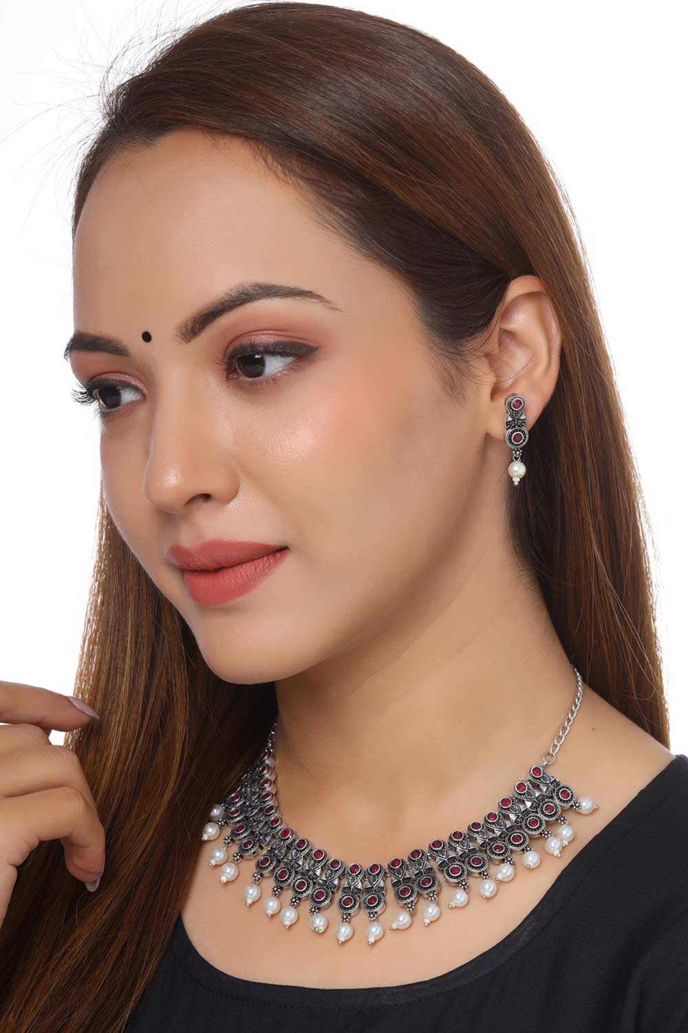Buy Handcrafted Oxidised Pink Stone Studded Jewellery Set Online - Side