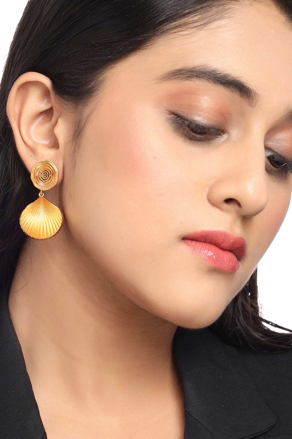 Buy Handcrafted Gold Matt Finish Shell Design Contemporary Earring Online - Front