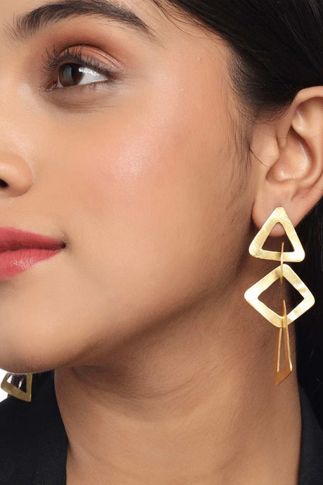 Buy Handcrafted Gold Matt Finish Geometric Shaped Statement Drop Earrings Online - Front