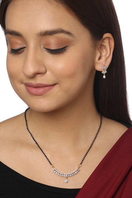 Buy Black Beaded And Ad Stone Studded Mangalsutra With Earrings Online - Front