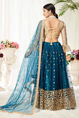 Net Sequins Work Lehenga Choli in Blue - Back