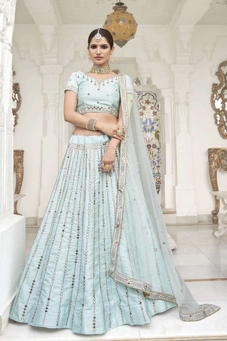 Buy Women's Heavy Silk Mirror Sequins Lehenga in Ice Blue