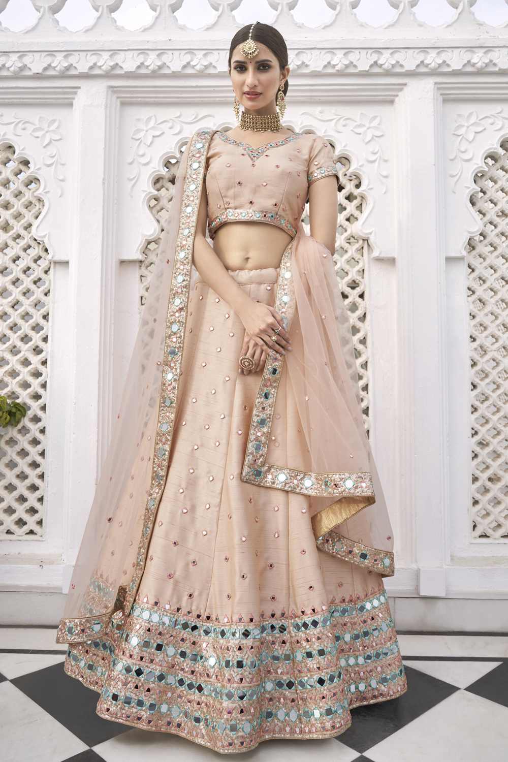 Buy Women's Heavy Silk Mirror Sequins Lehenga in Peach