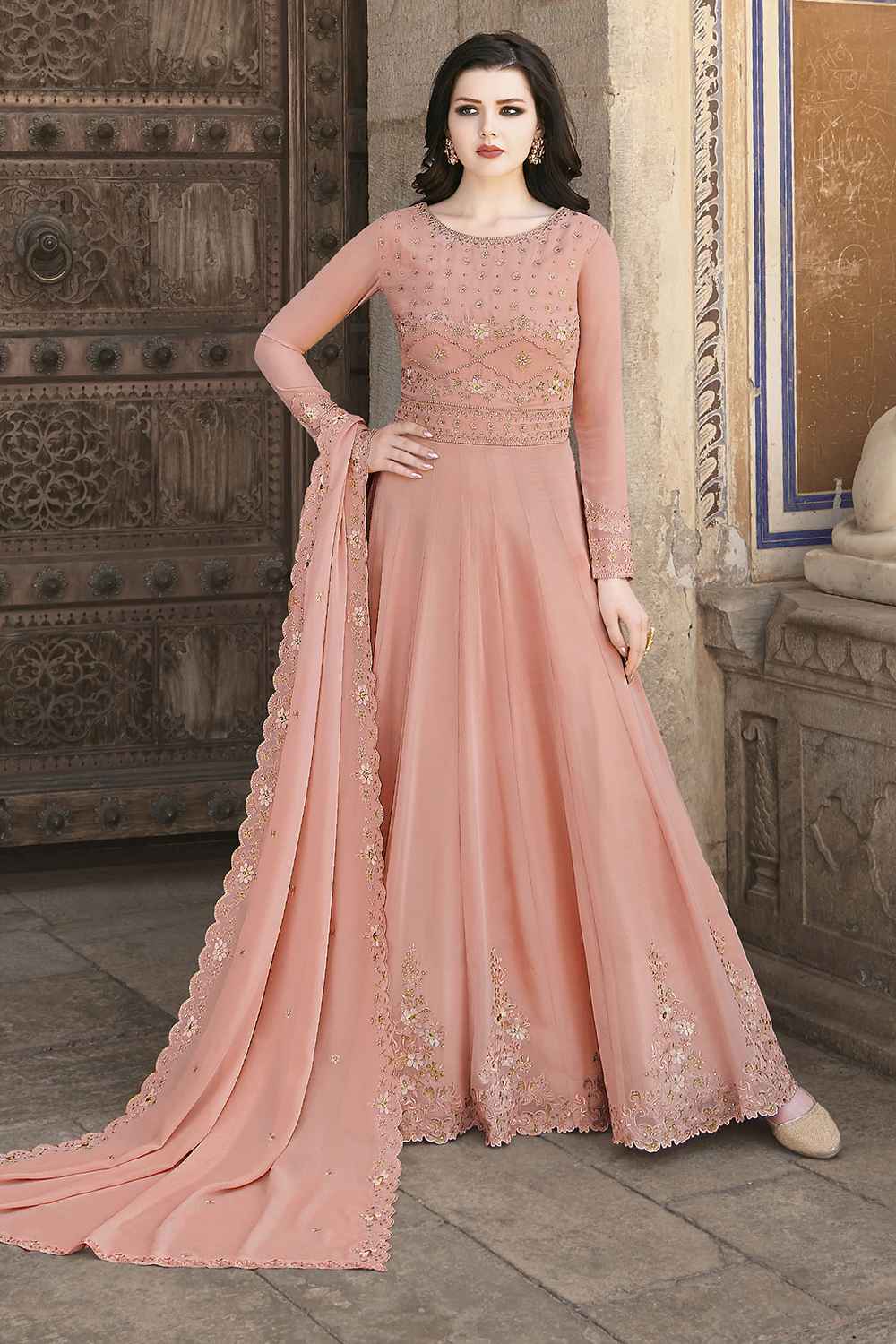 Buy Women's Dull Santoon Heavy Embroidery Dress Material in Salmon