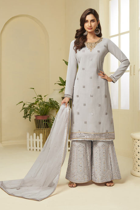 Buy Faux Georgette Embroidery Dress Material in Grey