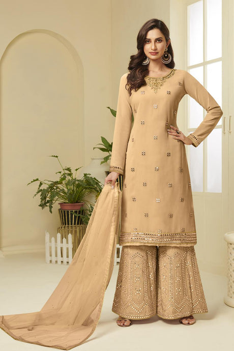 Buy Faux Georgette Embroidery Dress Material in Mustard Yellow