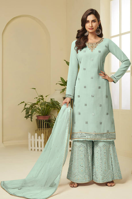 Buy Faux Georgette Embroidery Dress Material in Aqua Blue