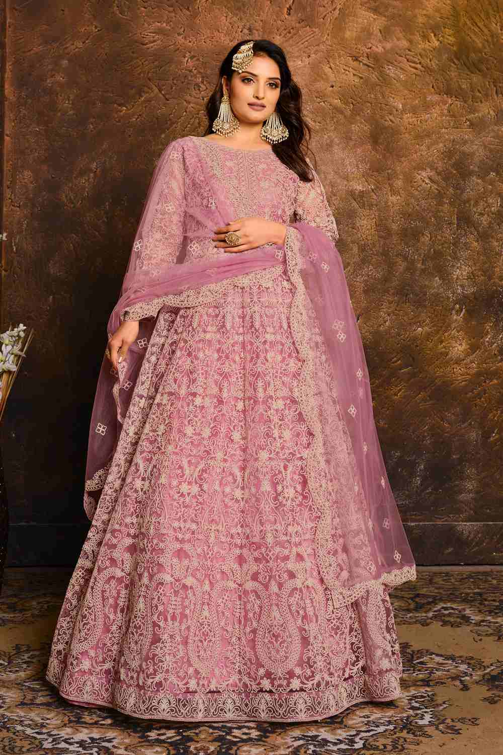 Buy Net Embroidery Dress Material in Pink