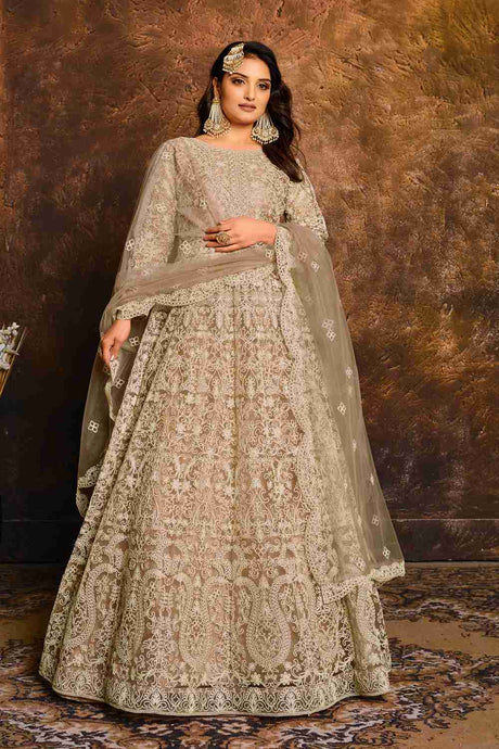 Buy Net Embroidery Dress Material in Beige