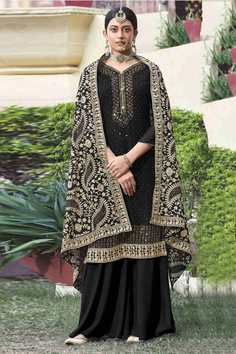 Buy Faux Georgette Embroidery Dress Material in Black