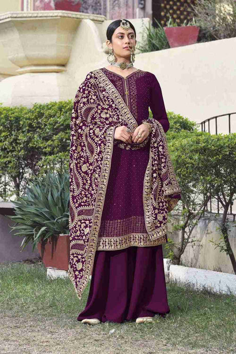 Buy Faux Georgette Embroidery Dress Material in Purple