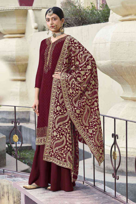 Buy Faux Georgette Embroidery Dress Material in Maroon