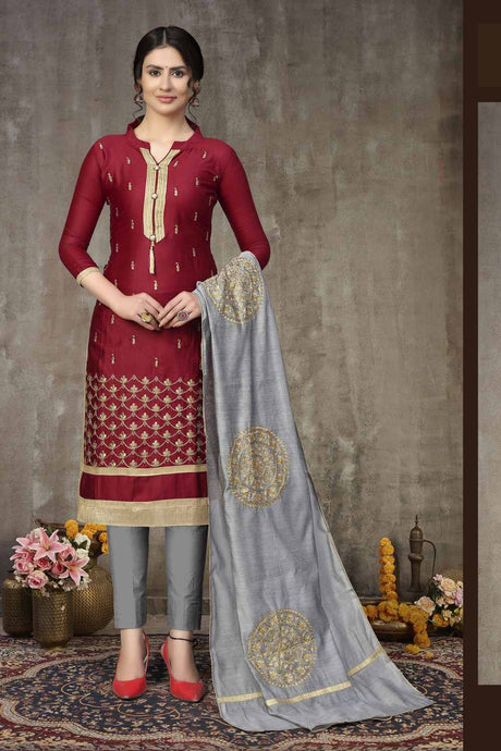 Buy Blended Cotton Embroidery Dress Material in Maroon