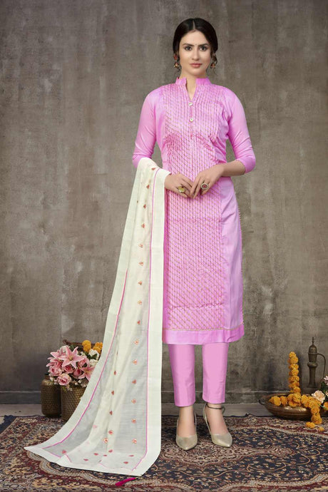 Buy Blended Cotton Embroidery Dress Material in Pink