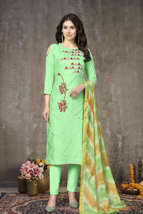 Buy Blended Cotton Embroidery Dress Material in Green