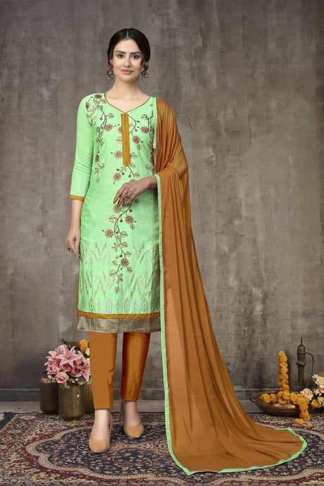 Buy Blended Cotton Embroidery Dress Material in Sea Green