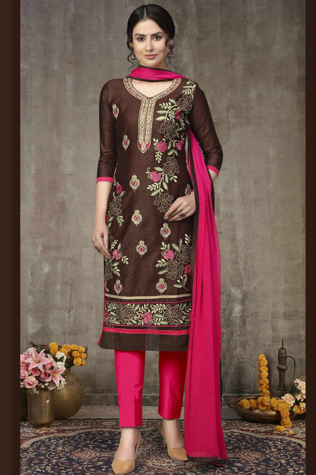 Buy Blended Cotton Embroidery Dress Material in Brown