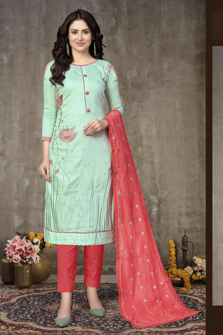 Buy Blended Cotton Embroidery Dress Material in Sky Blue