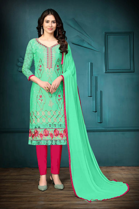 Buy Blended Cotton Embroidery Dress Material in Sea Green