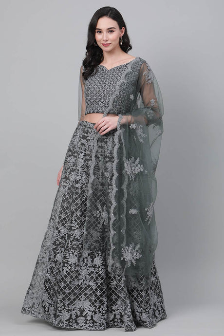 Buy Net Embroidered Ghagra Choli in Grey