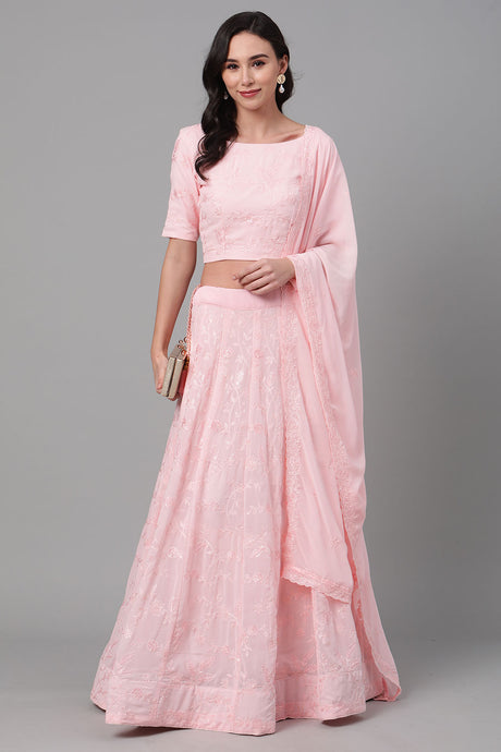 Buy Faux Georgette Embroidered Ghagra Choli in Baby Pink