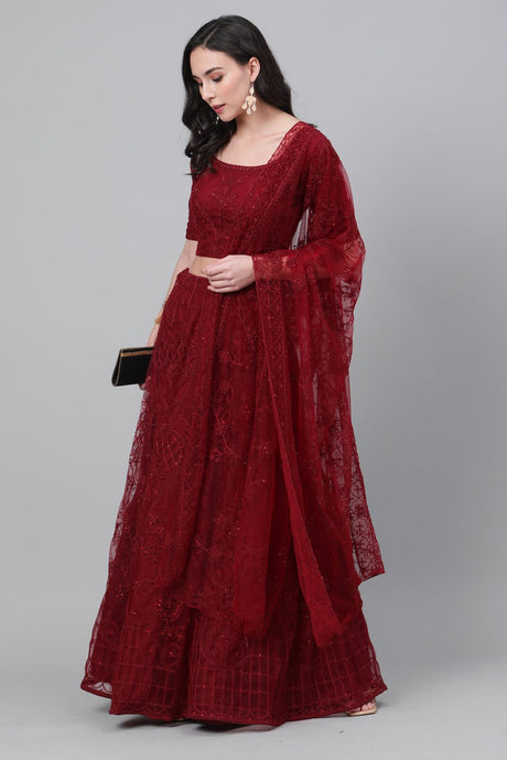 Buy Women's Net Chikankari Lehenga in Maroon