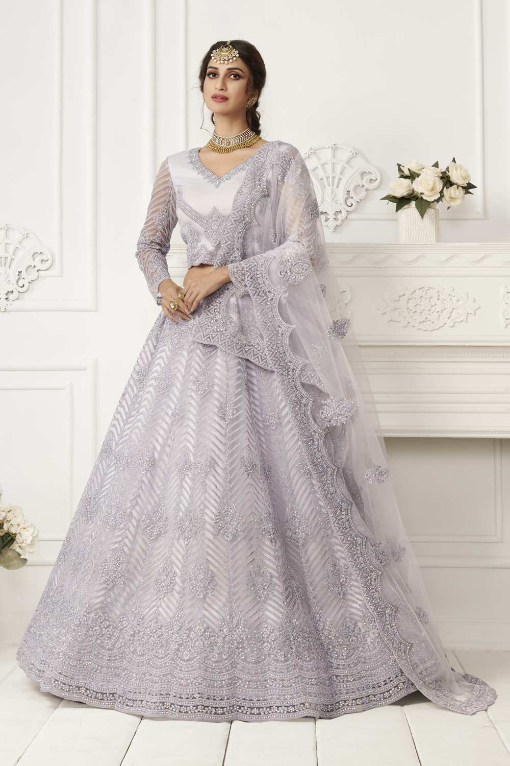 Buy Women's Net Zardosi Lehenga in Lavender