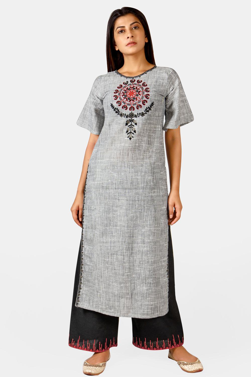 Buy Khadi Embroidered Kurti With Pant in Grey