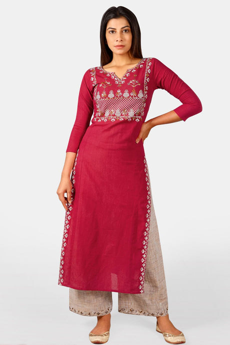 Buy Khadi Embroidered Kurti With Pant in Maroon