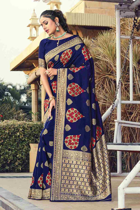 Buy Women's Silk Printed Saree in Navy Blue
