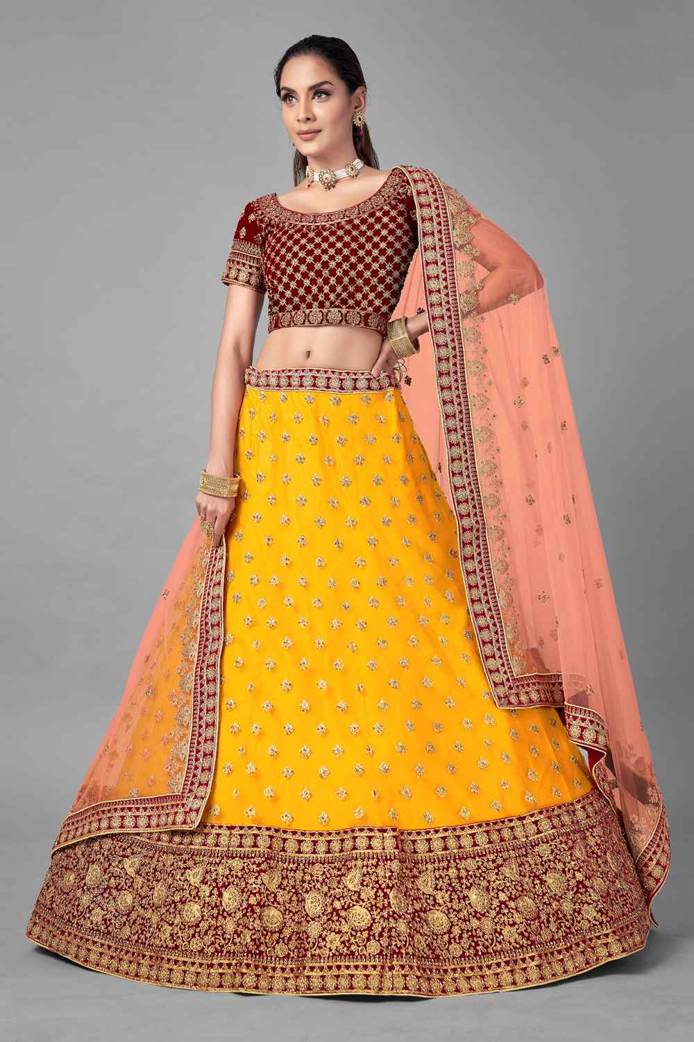 Buy Soft Net Embroidery Lehenga Choli in Mustard