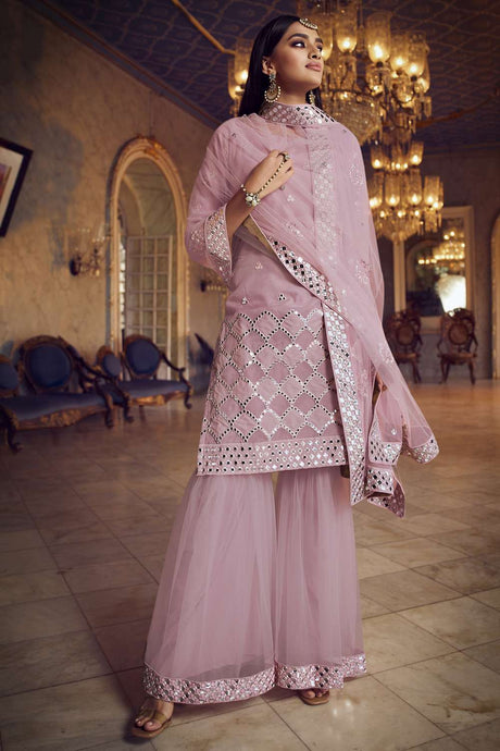 Buy Women's Organza Mirror Sequins Dress Material in Baby Pink