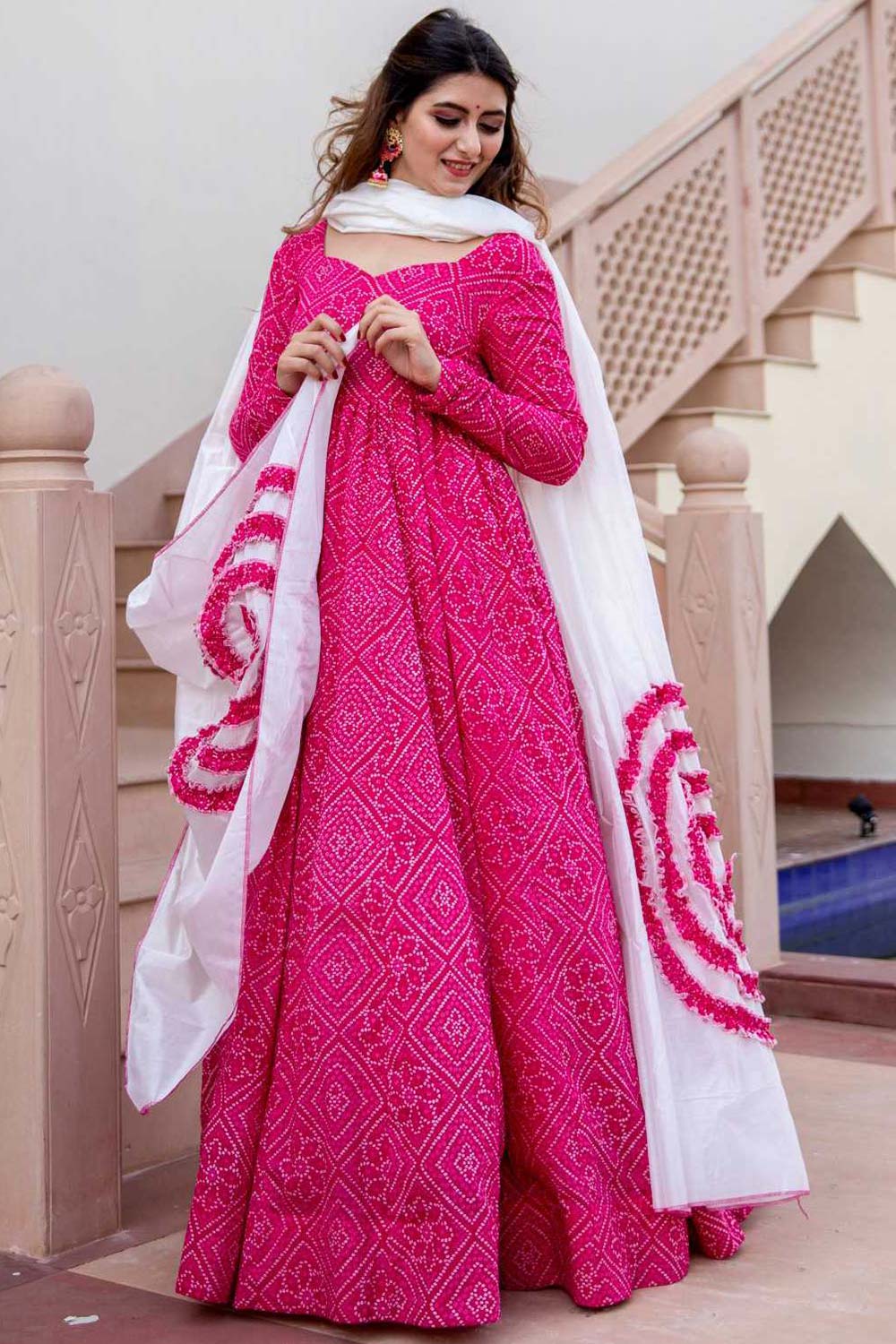 Pink Maslin Pigment And Foil Printed Gown With Dupatta