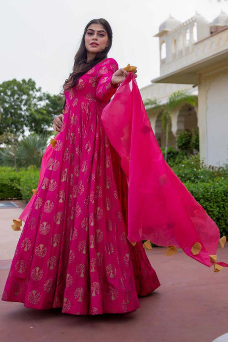 Pink Rayon Pigment And Foil Printed Gown With Dupatta