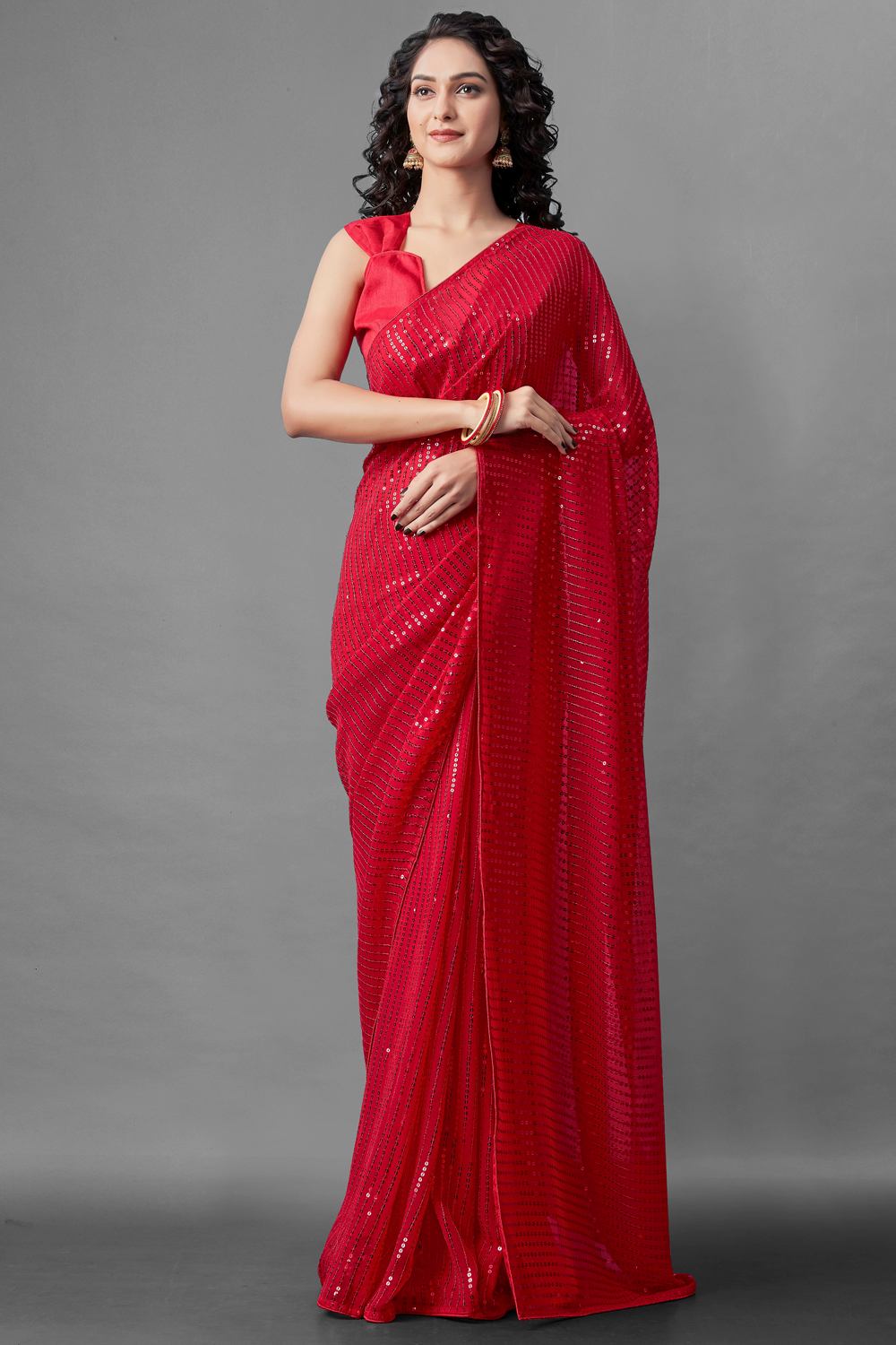 Buy Women's Georgette Sequins Embroidery Saree in Red