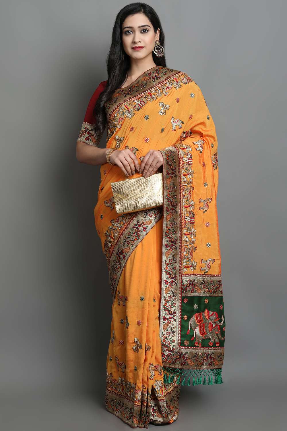 Buy Women's Soft Silk Embroidered Saree in Mustard