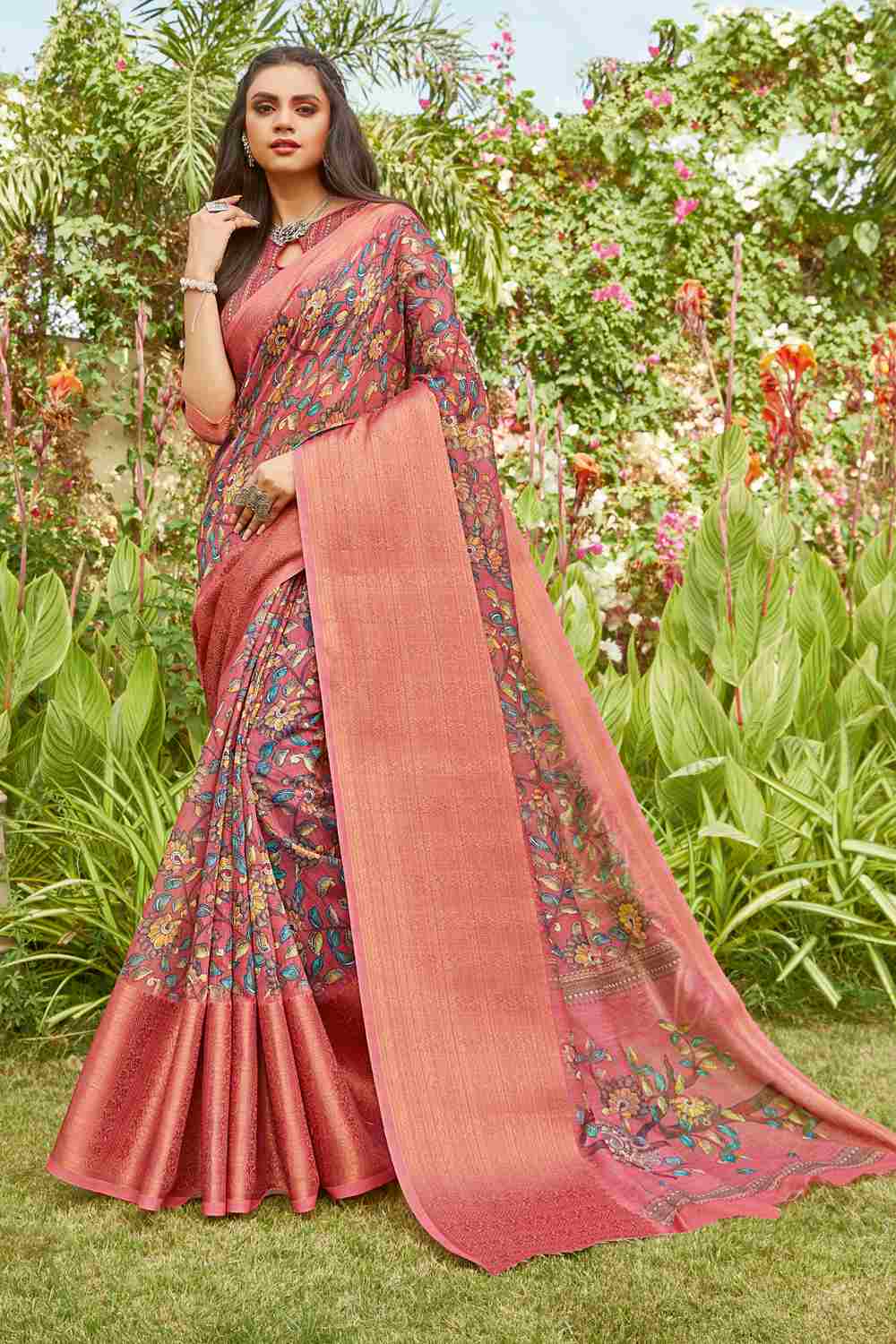 Buy Women's Linen Printed Saree in Peach