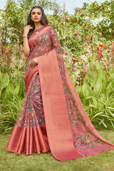 Buy Women's Linen Printed Saree in Peach