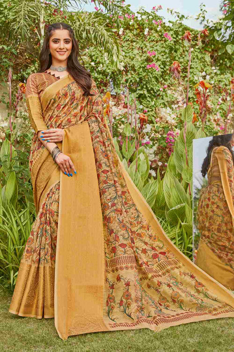 Buy Women's Linen Printed Saree in Golden