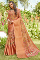 Buy Women's Linen Printed Saree in Orange