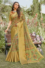 Buy Women's Linen Printed Saree in Green