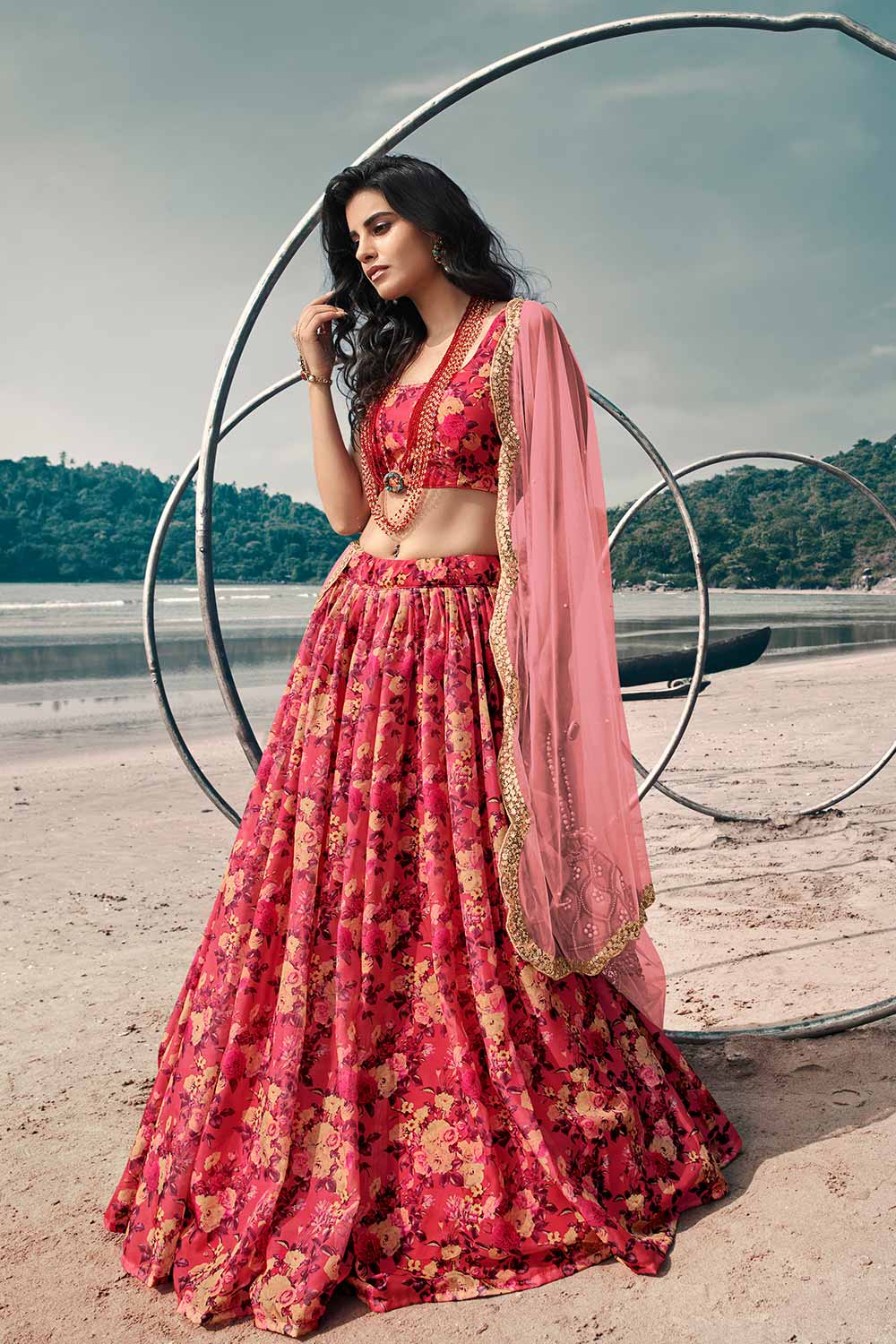 Organza Floral Print Lehenga Choli in Red Lehenga Choli For Women Karmaplace