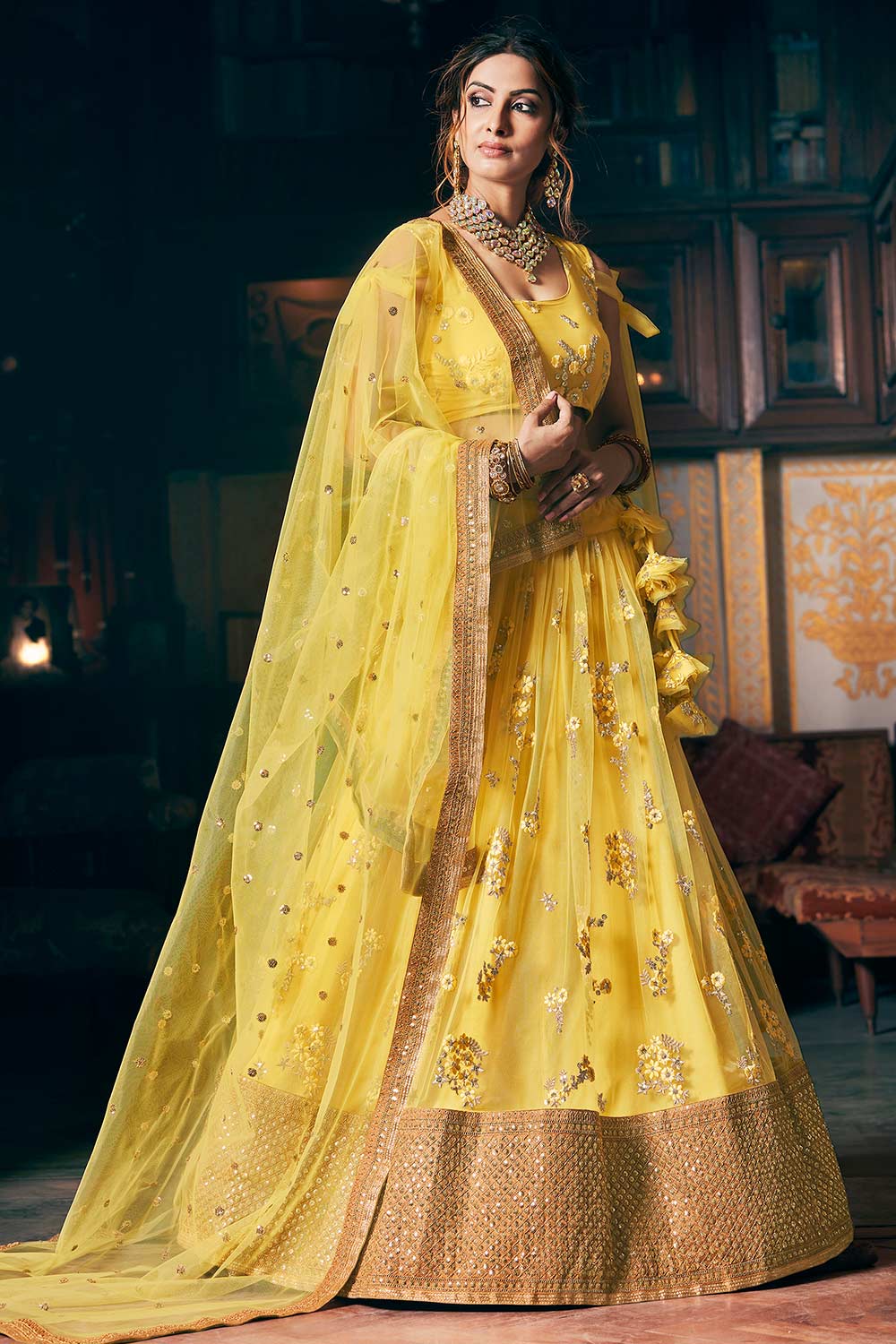 Buy Net Embroidered Lehenga Choli in Yellow