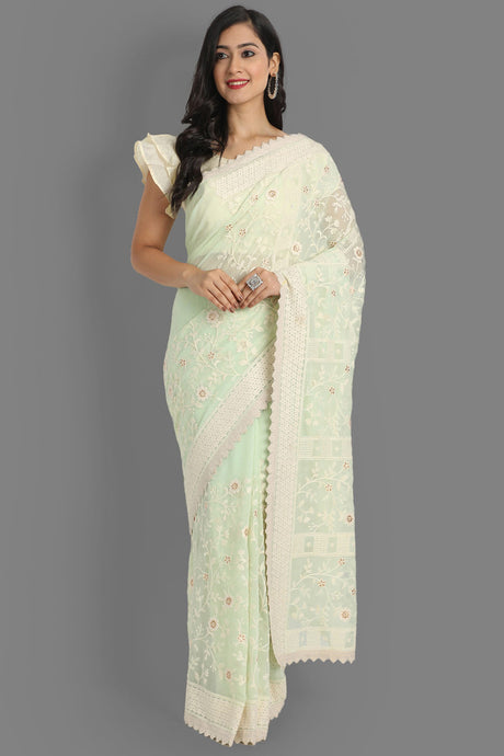 Buy Faux Georgette Embroidered Saree in Green