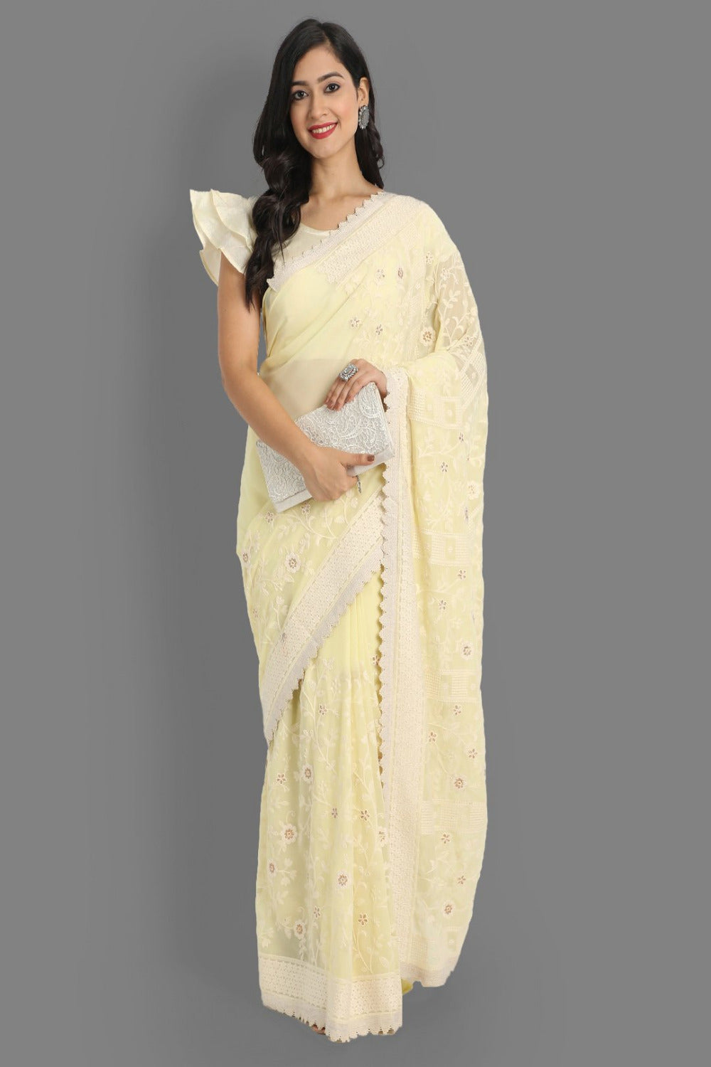 Buy Faux Georgette Embroidered Saree in Yellow