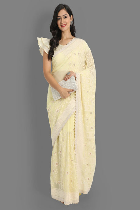 Buy Faux Georgette Embroidered Saree in Yellow