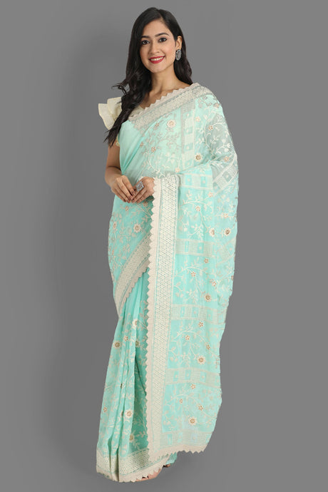 Buy Faux Georgette Embroidered Saree in Blue